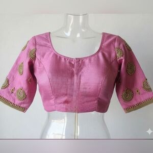 New Handmade Custom Pink Raw Silk Gold Saree Blouse with Maggam Work